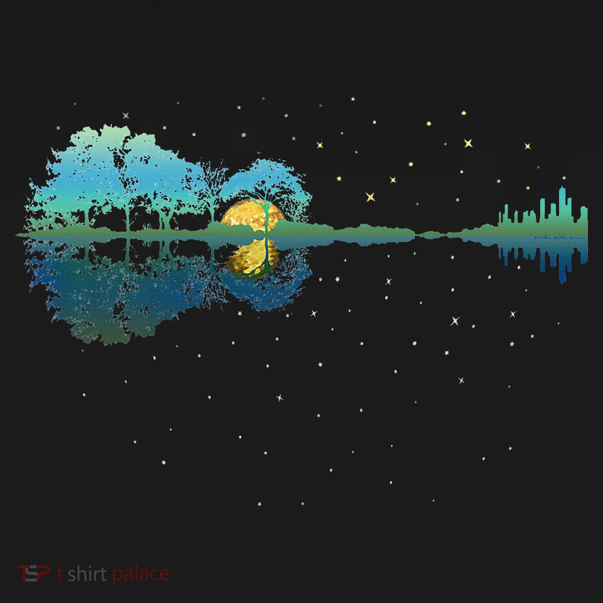 Guitar Lake Reflections Night Sky And Moon Guitar Kids Long Sleeve Shirt