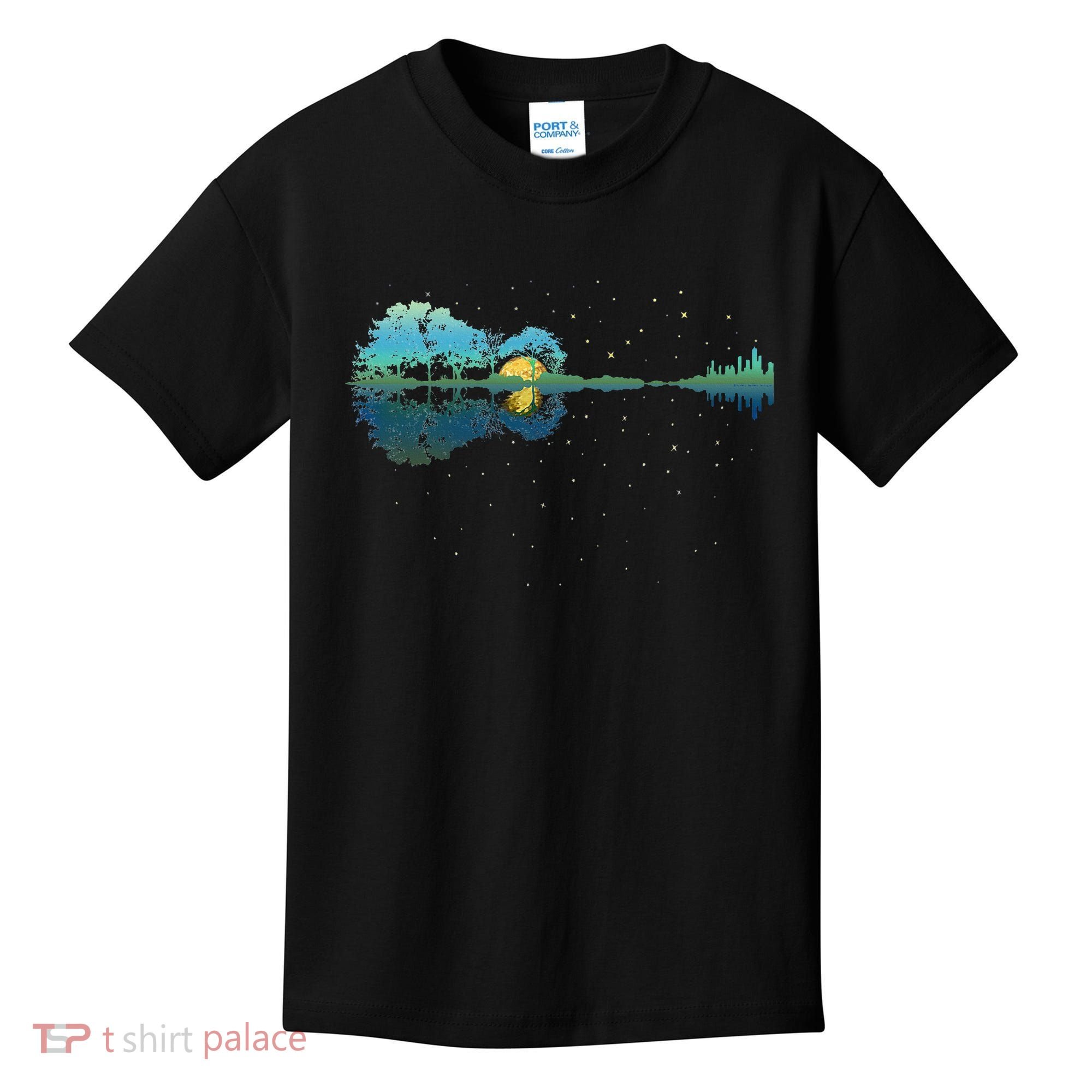 Guitar Lake Reflections Night Sky And Moon Guitar Kids T-Shirt