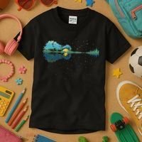 Guitar Lake Reflections Night Sky And Moon Guitar Kids T-Shirt thumb 3