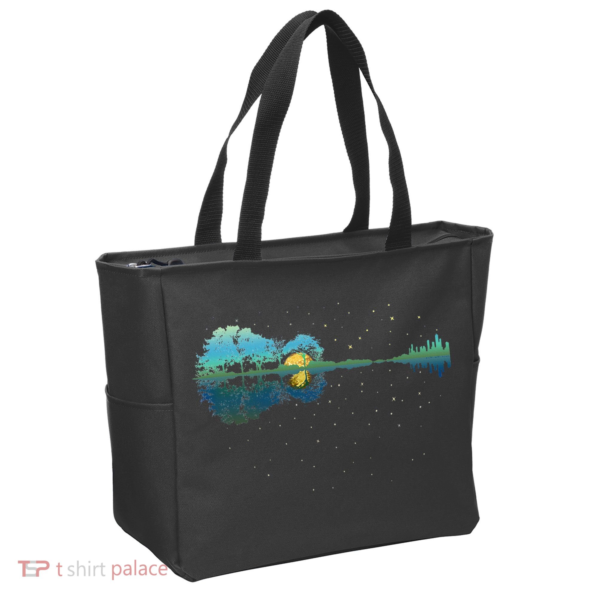 Guitar Lake Reflections Night Sky And Moon Guitar Tote Bag