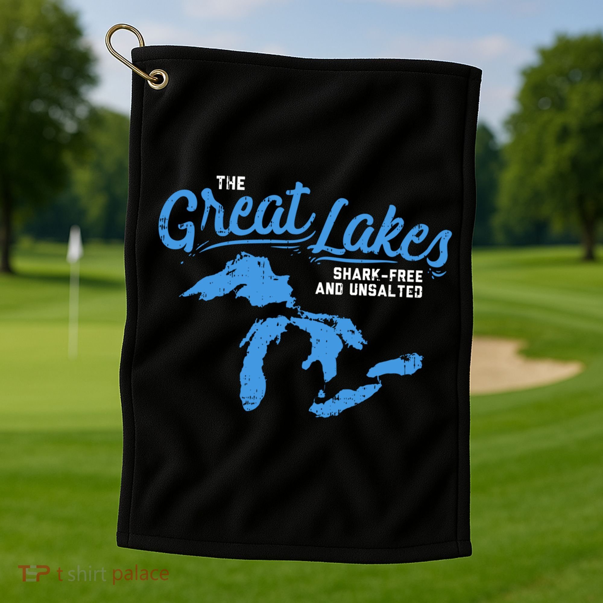 Great Lakes Shark Free And Unsalted Summer Vacation Lake Life Gift Golf Towel