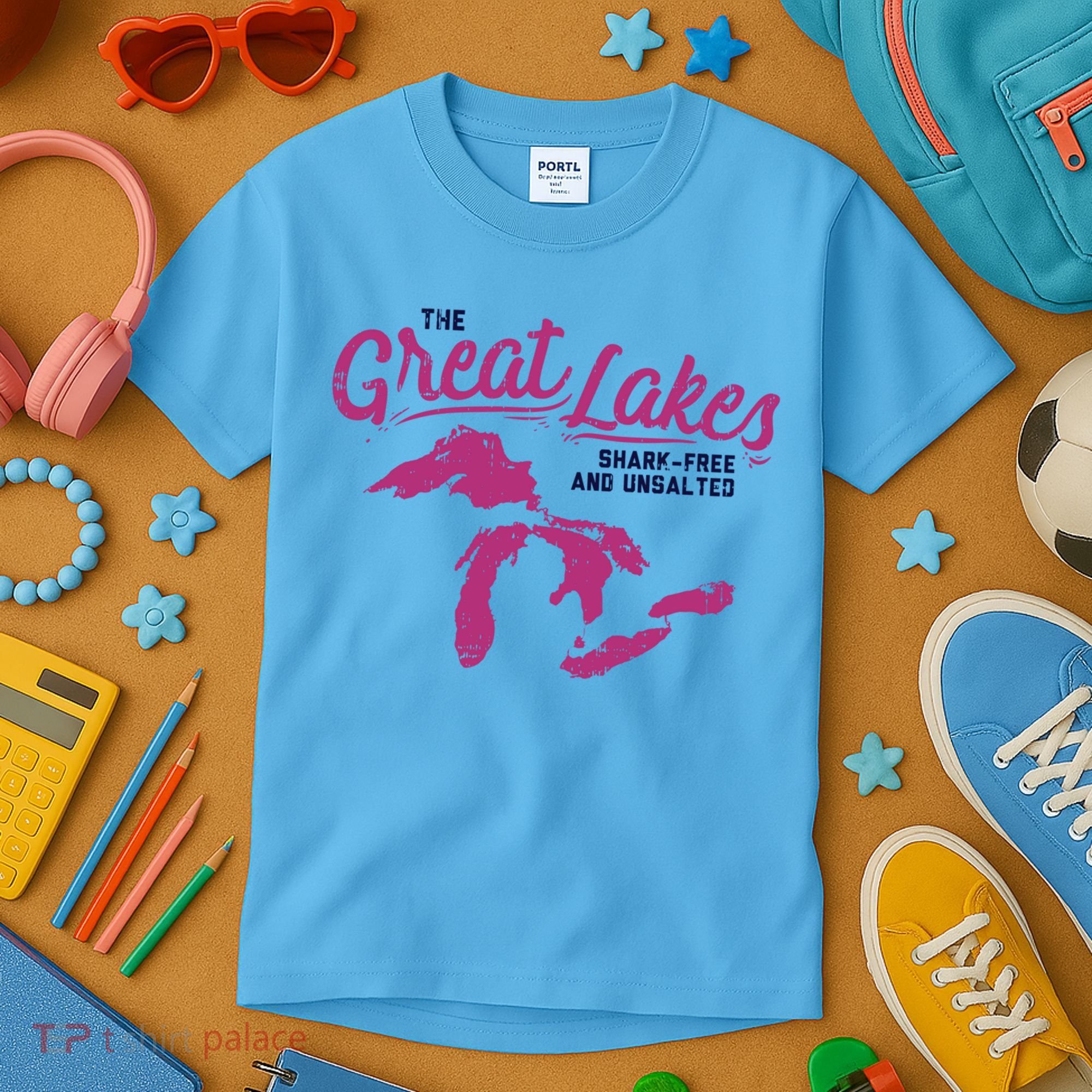 Great Lakes Shark Free And Unsalted Summer Vacation Funny Gift Kids T-Shirt