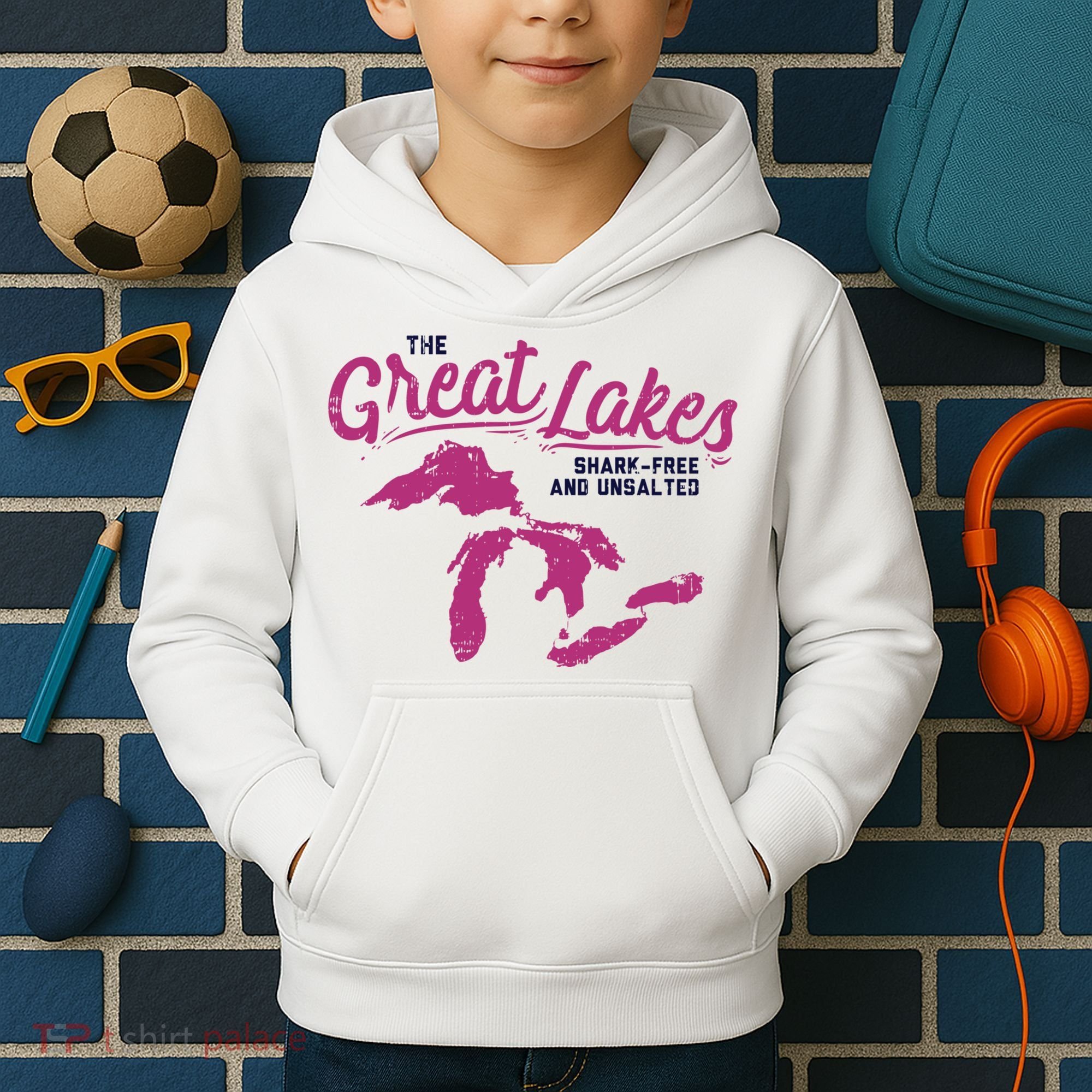 Great Lakes Shark Free And Unsalted Summer Vacation Funny Gift Kids Hoodie