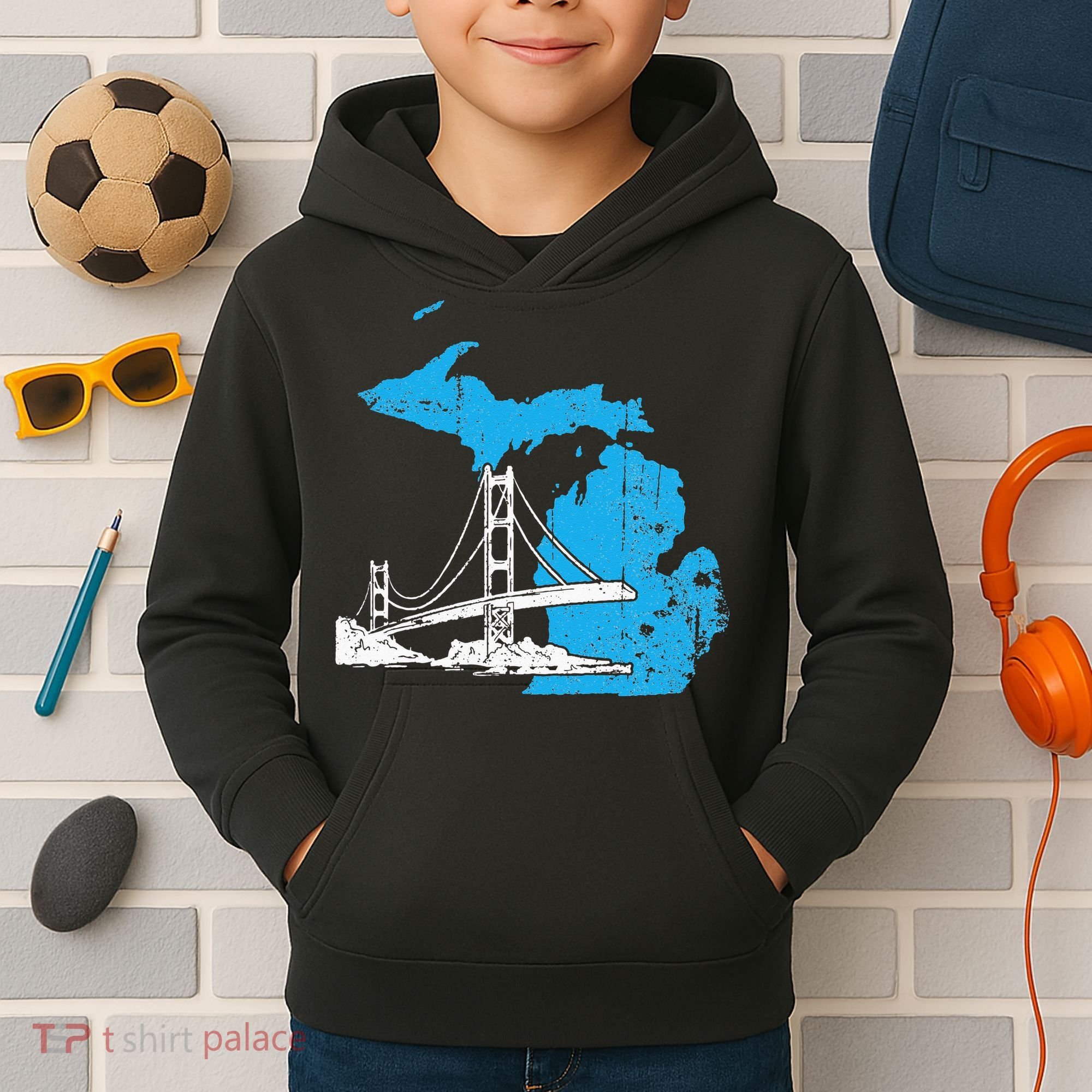 Great Lakes Shaped  Summer Michigan Mackinac Bridge Kids Hoodie