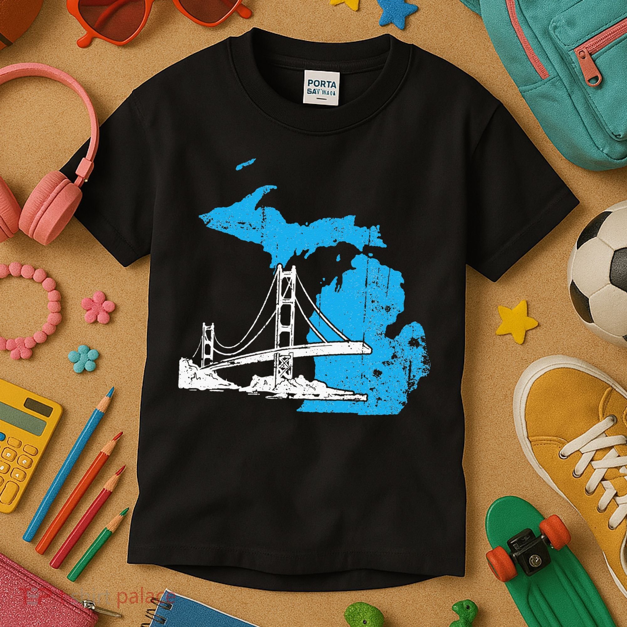 Great Lakes Shaped  Summer Michigan Mackinac Bridge Kids T-Shirt