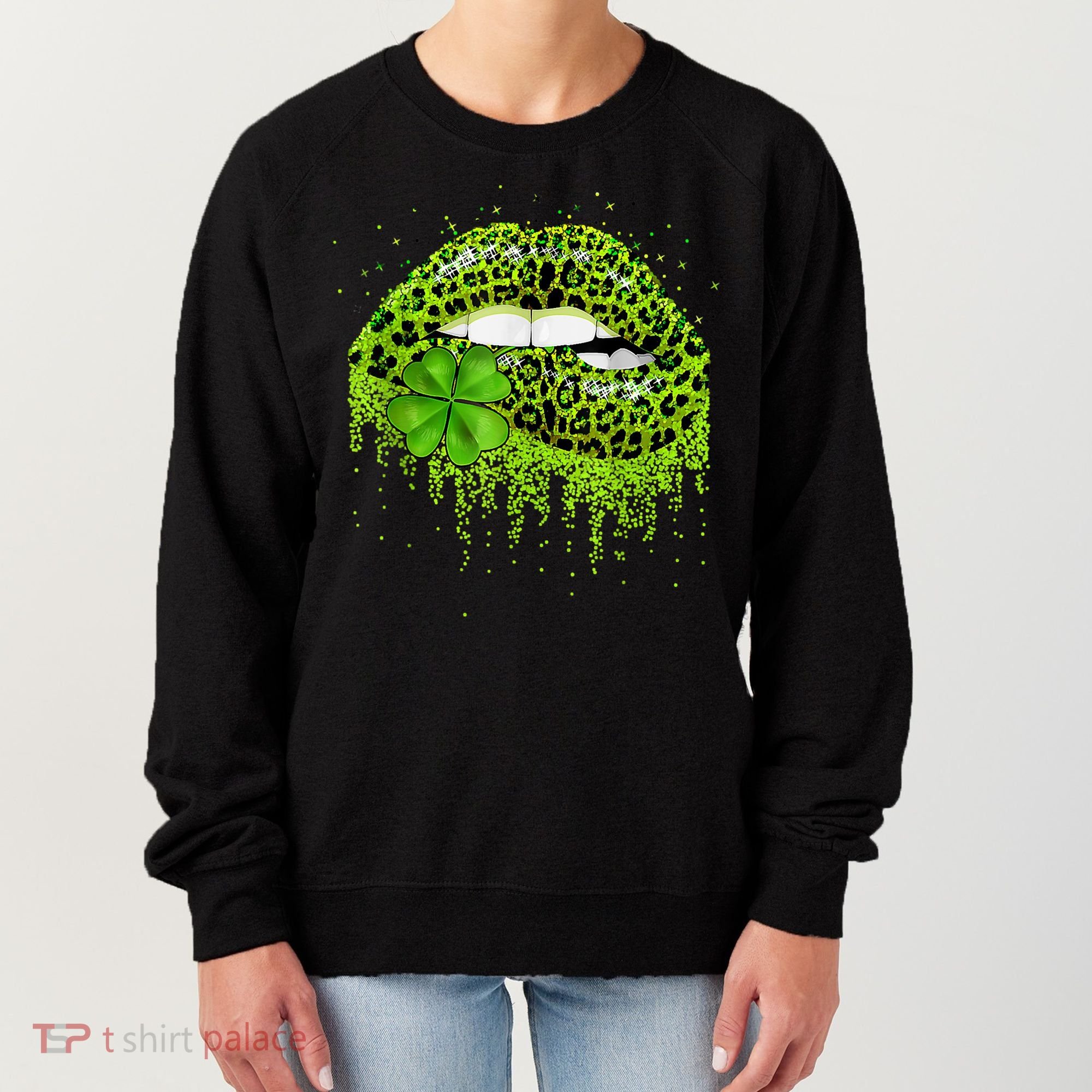 Green Lips Sexy Irish Leopard Shamrock St Patricks Day Women's Sweatshirt