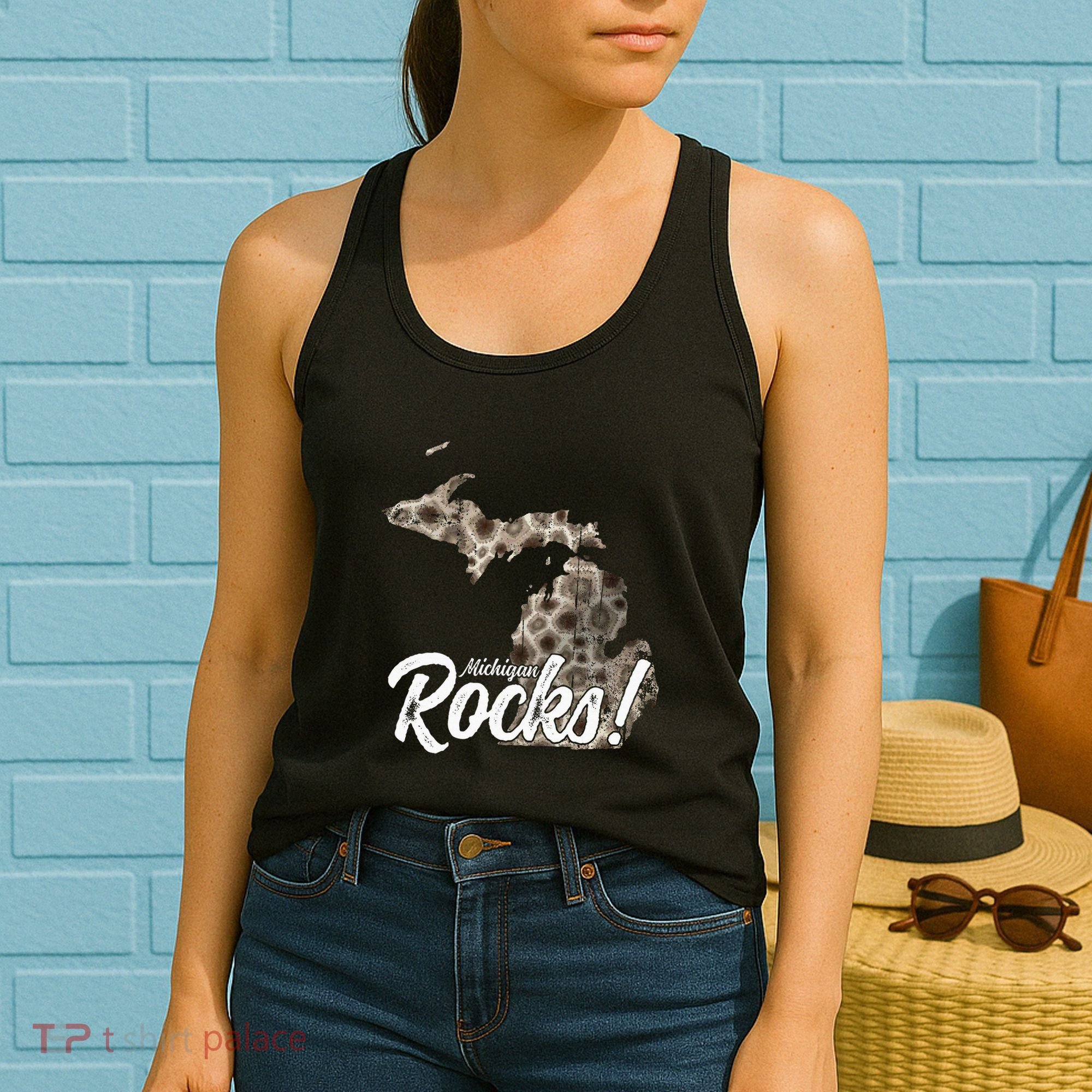 Great Lakes Shaped Wo Petoskey Stone Michigan Rocks Women's Tank Top