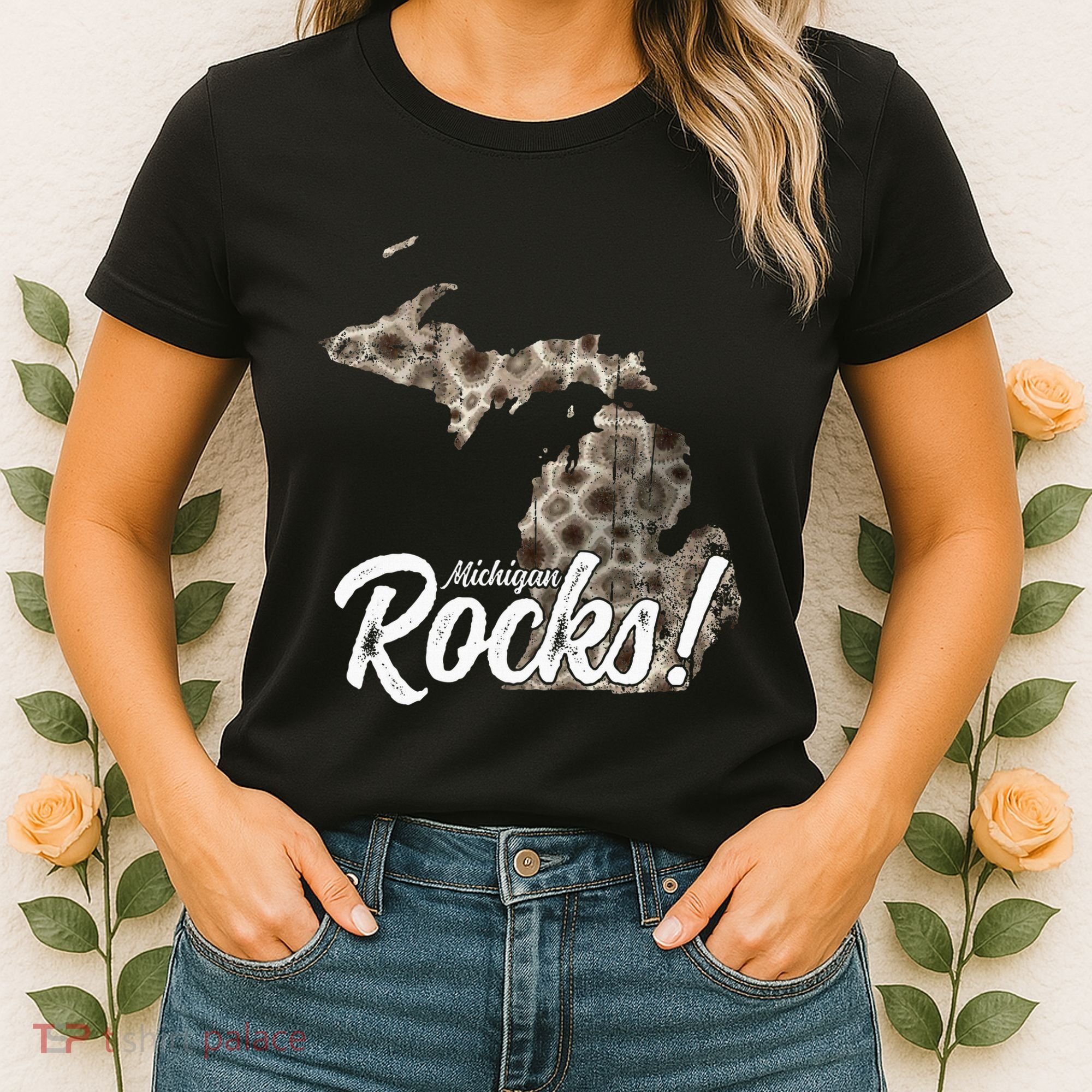 Great Lakes Shaped Wo Petoskey Stone Michigan Rocks Women's T-Shirt