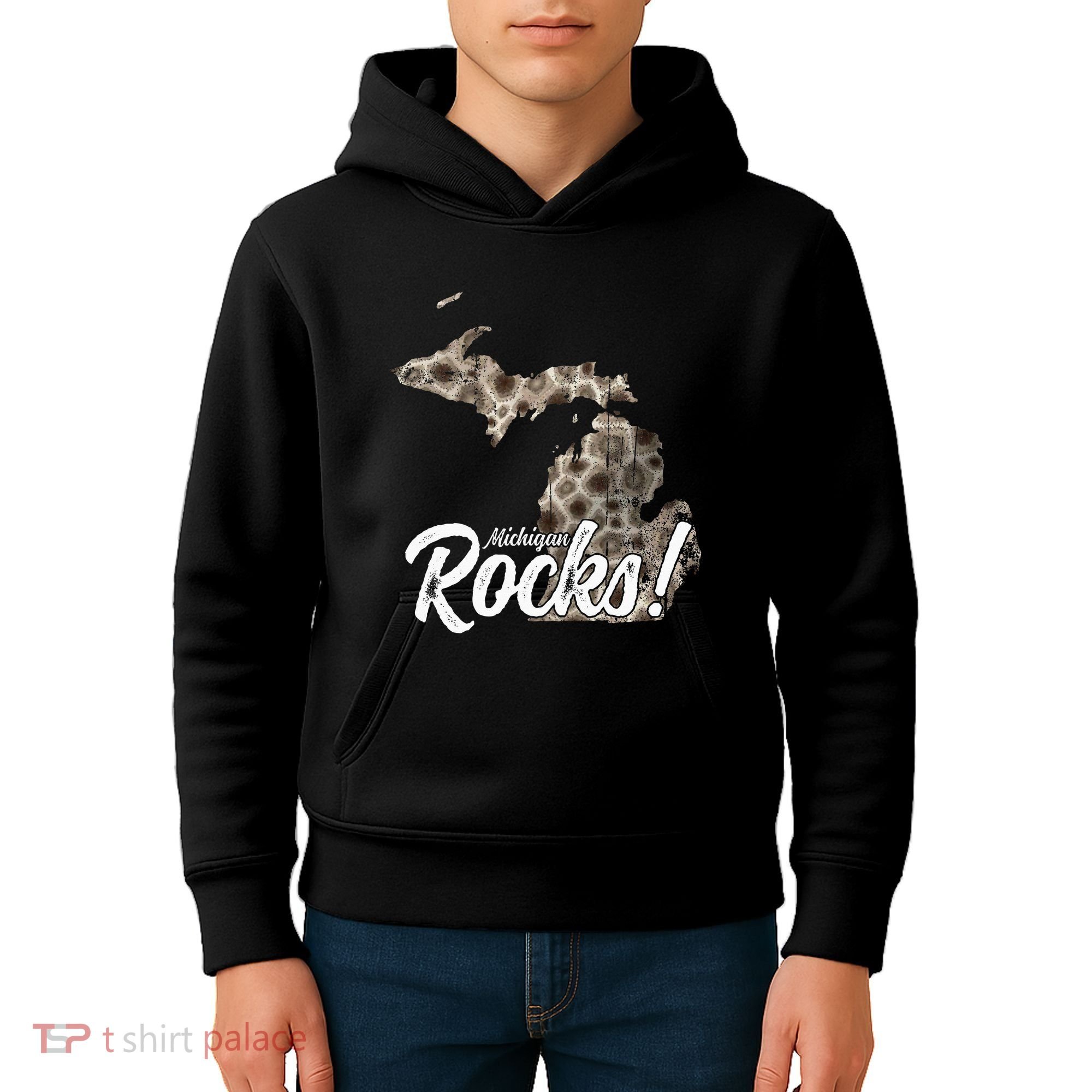 Great Lakes Shaped Wo Petoskey Stone Michigan Rocks Kids Hoodie