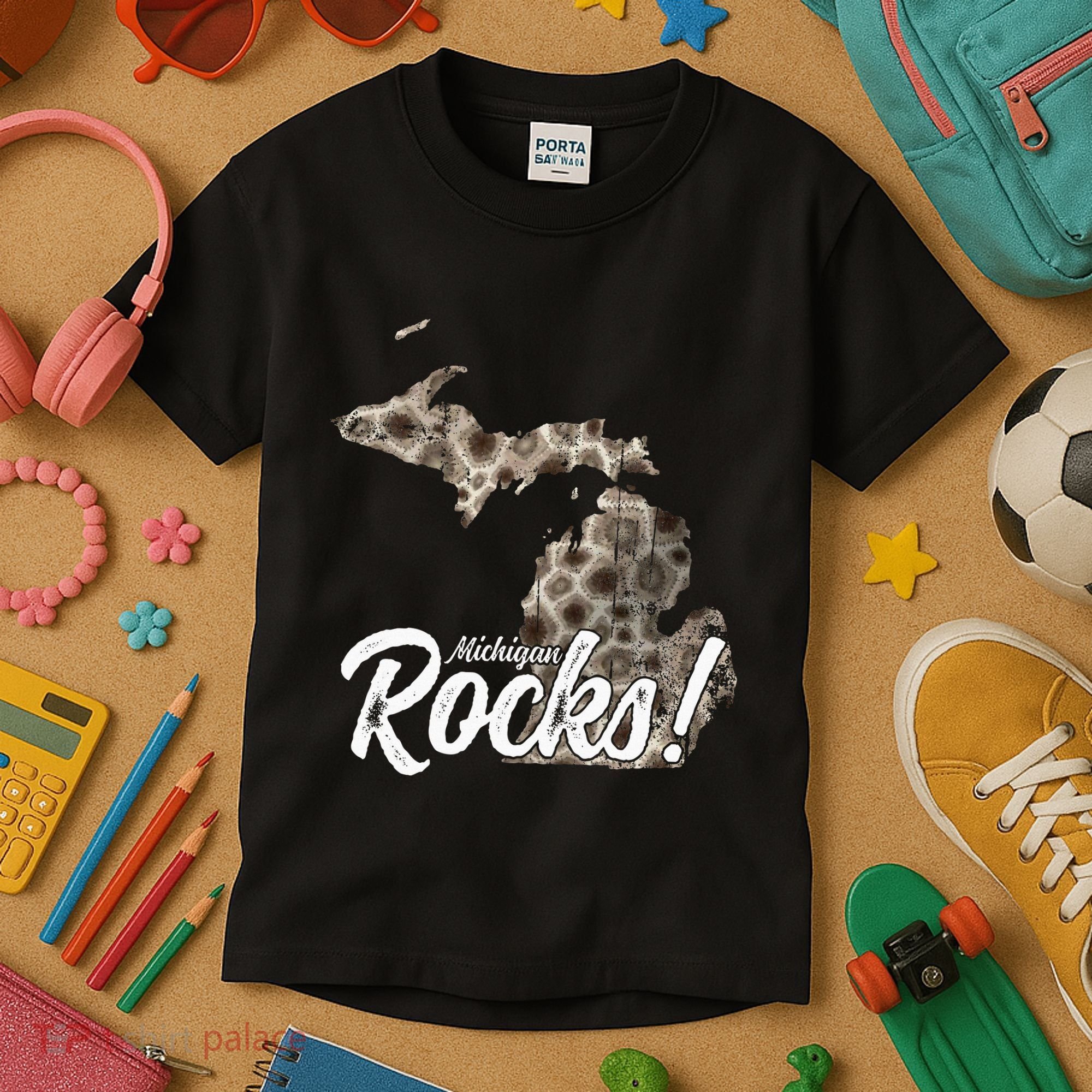 Great Lakes Shaped Wo Petoskey Stone Michigan Rocks Kids T-Shirt