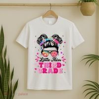 Groovy Messy Bun Little Miss Third Grade First Day Of School T-Shirt thumb 2