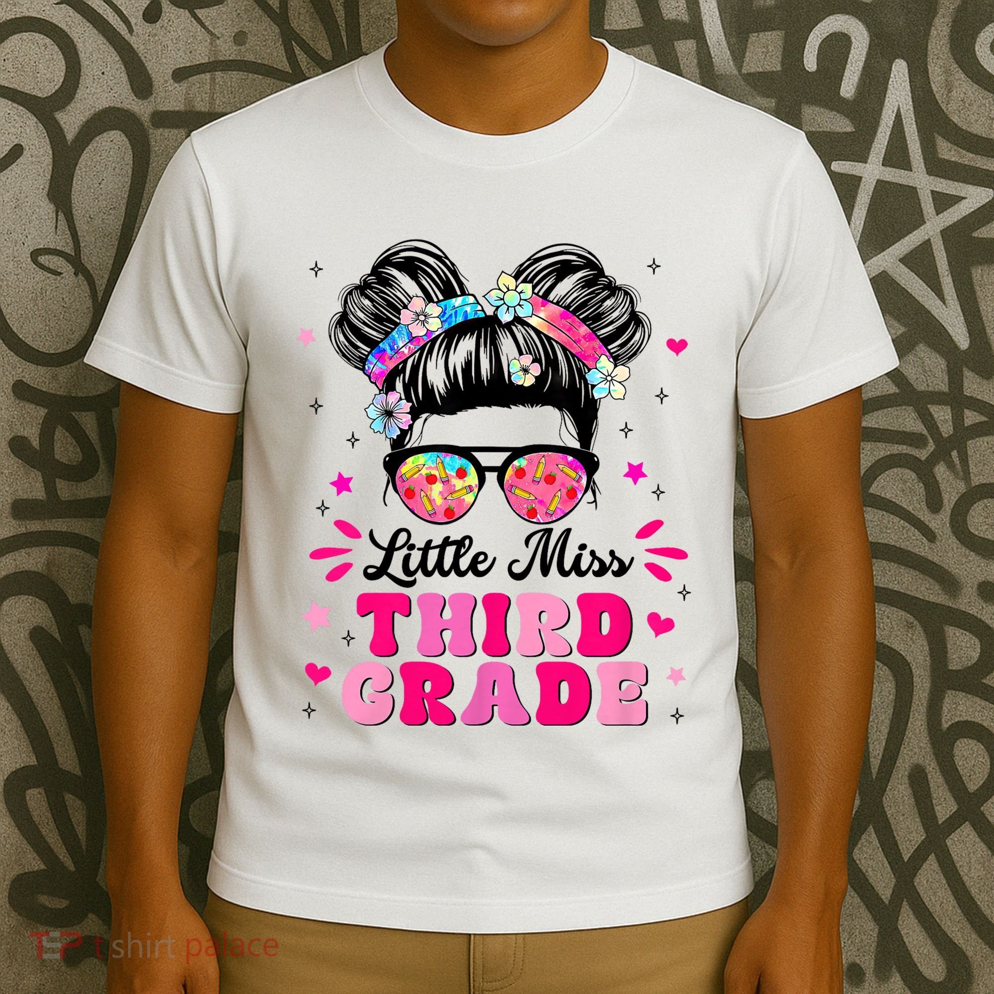 Groovy Messy Bun Little Miss Third Grade First Day Of School T-Shirt