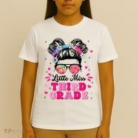 Groovy Messy Bun Little Miss Third Grade First Day Of School T-Shirt thumb 4