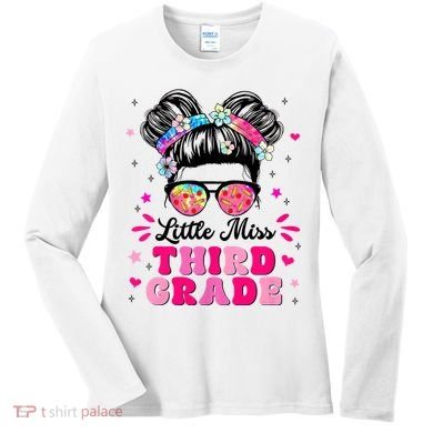 Groovy Messy Bun Little Miss Third Grade First Day Of School Women's Long Sleeve Shirt