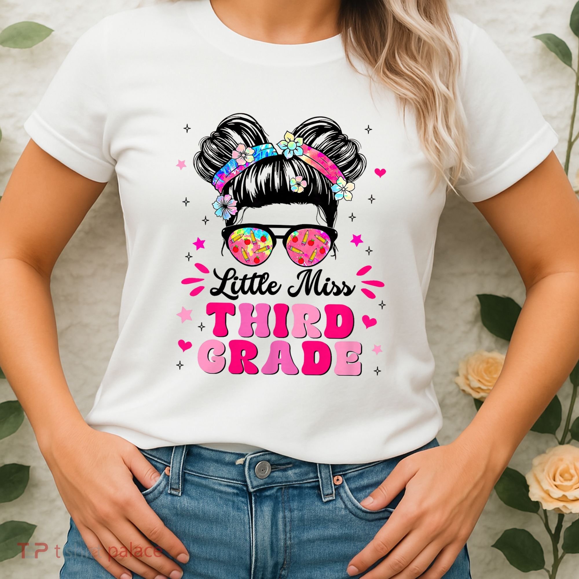 Groovy Messy Bun Little Miss Third Grade First Day Of School Women's T-Shirt
