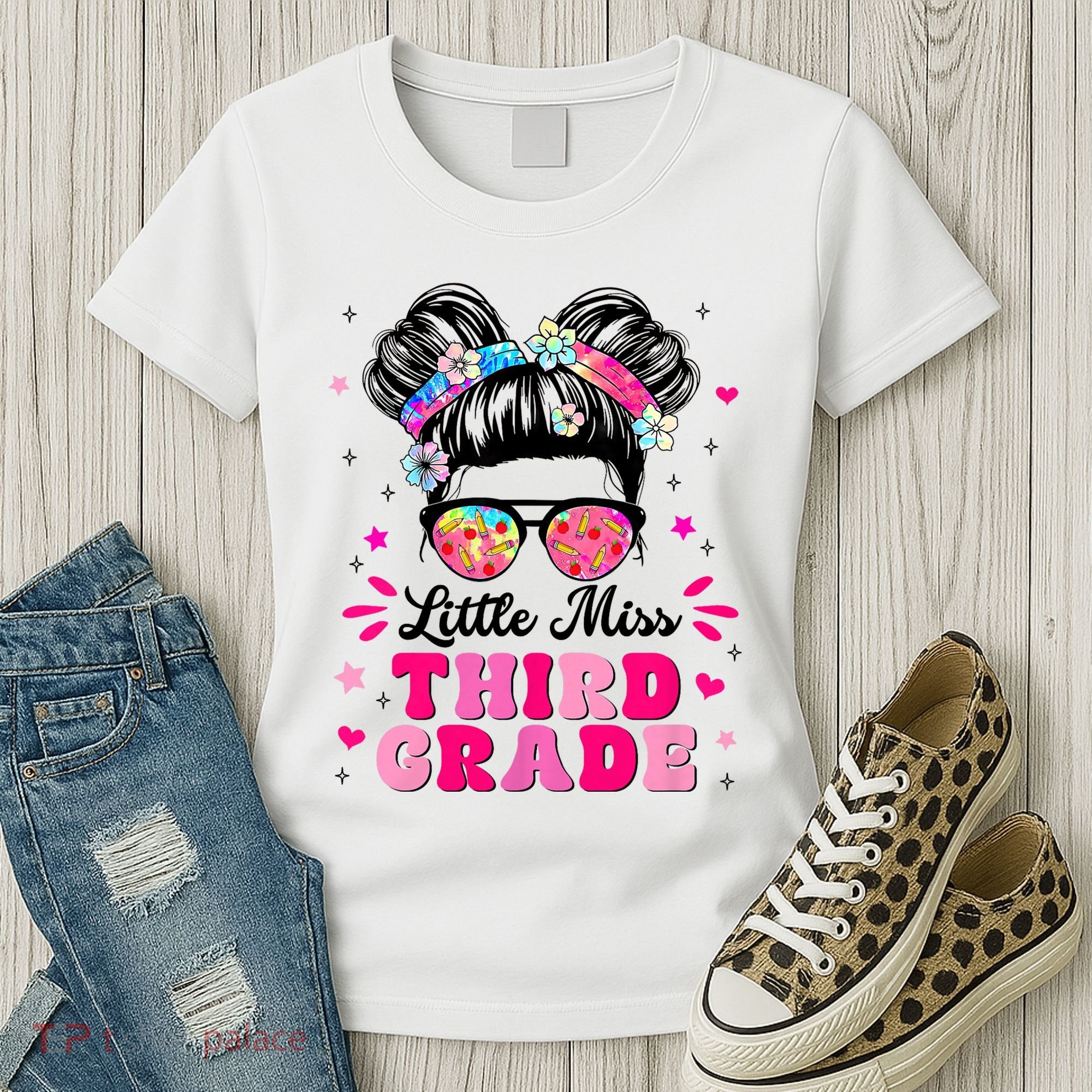 Groovy Messy Bun Little Miss Third Grade First Day Of School Women's T-Shirt
