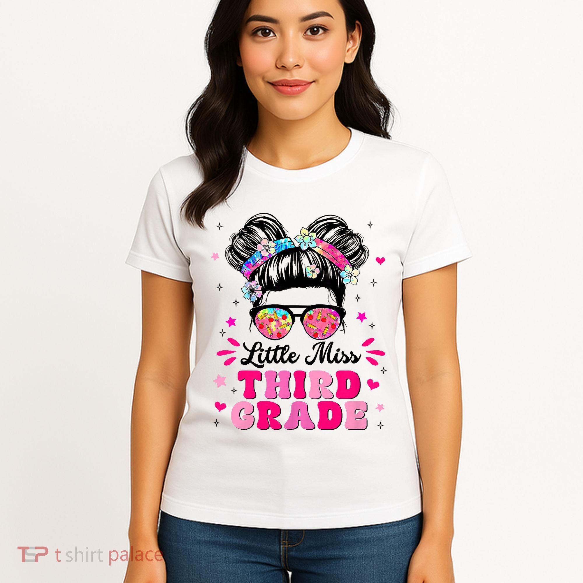 Groovy Messy Bun Little Miss Third Grade First Day Of School Women's T-Shirt