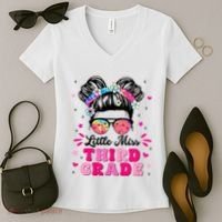 Groovy Messy Bun Little Miss Third Grade First Day Of School Women's V-Neck T-Shirt thumb 2