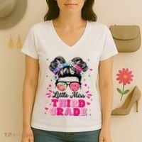 Groovy Messy Bun Little Miss Third Grade First Day Of School Women's V-Neck T-Shirt thumb 3