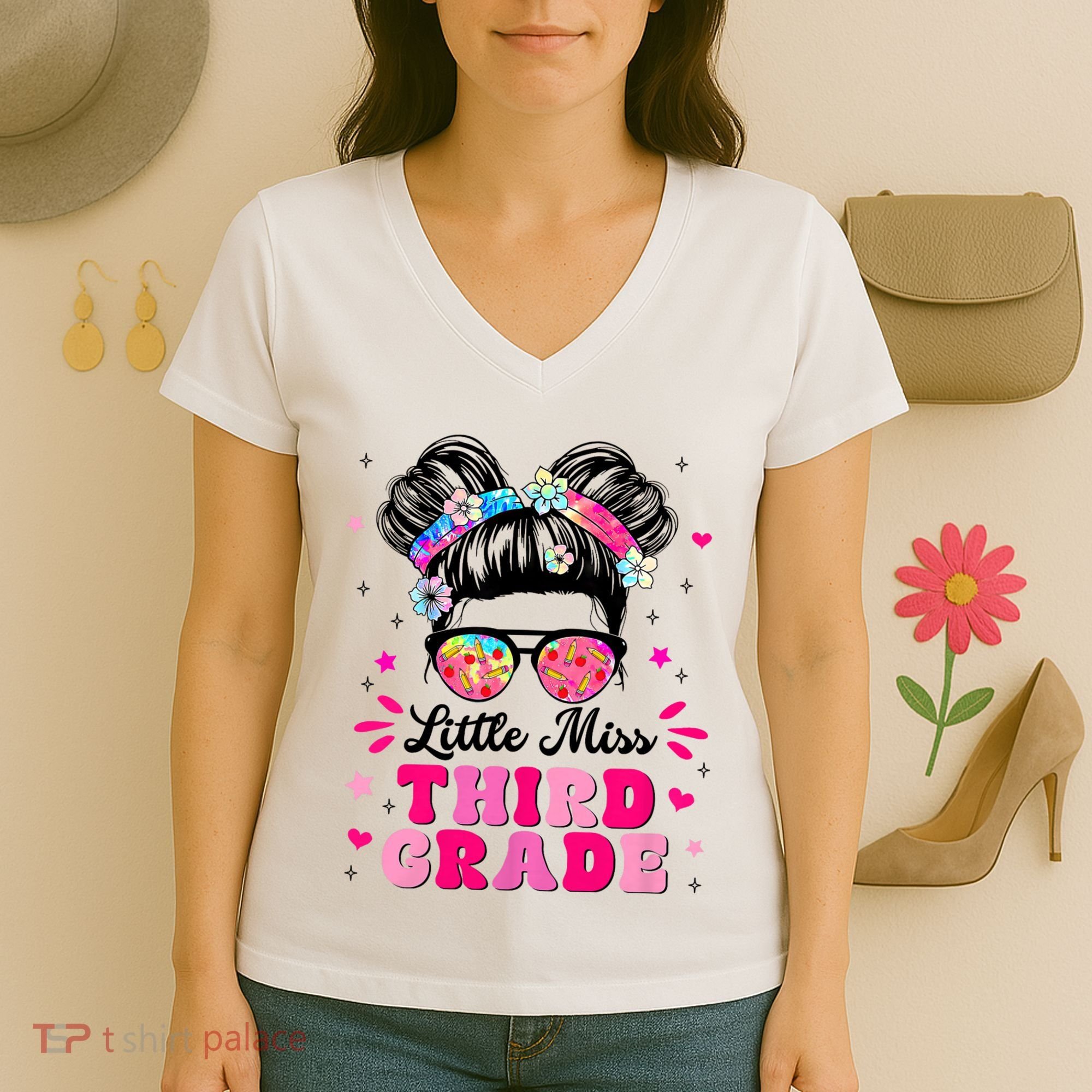 Groovy Messy Bun Little Miss Third Grade First Day Of School Women's V-Neck T-Shirt