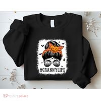 Granny Messy Bun Spooky Pumpkin Grandma Halloween Costume Sweatshirt thumb 2