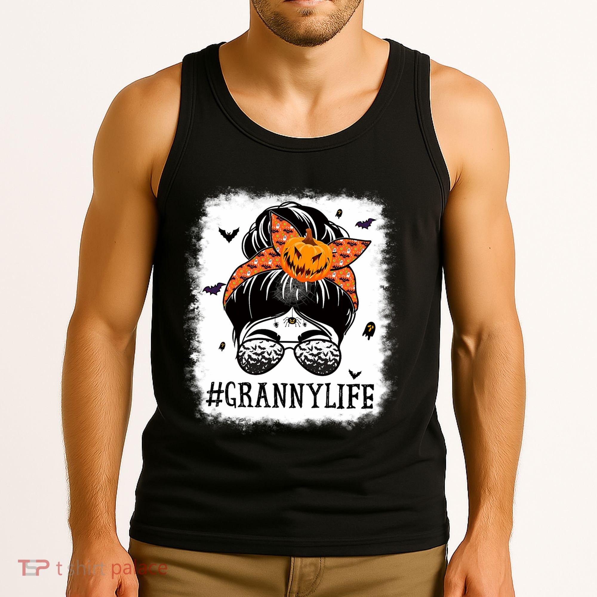 Granny Messy Bun Spooky Pumpkin Grandma Halloween Costume Tank Top