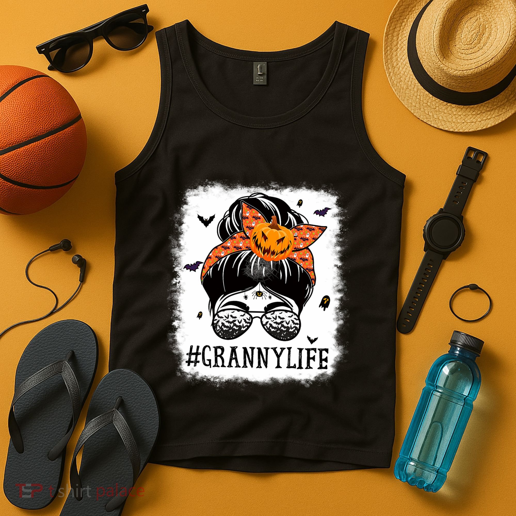 Granny Messy Bun Spooky Pumpkin Grandma Halloween Costume Tank Top