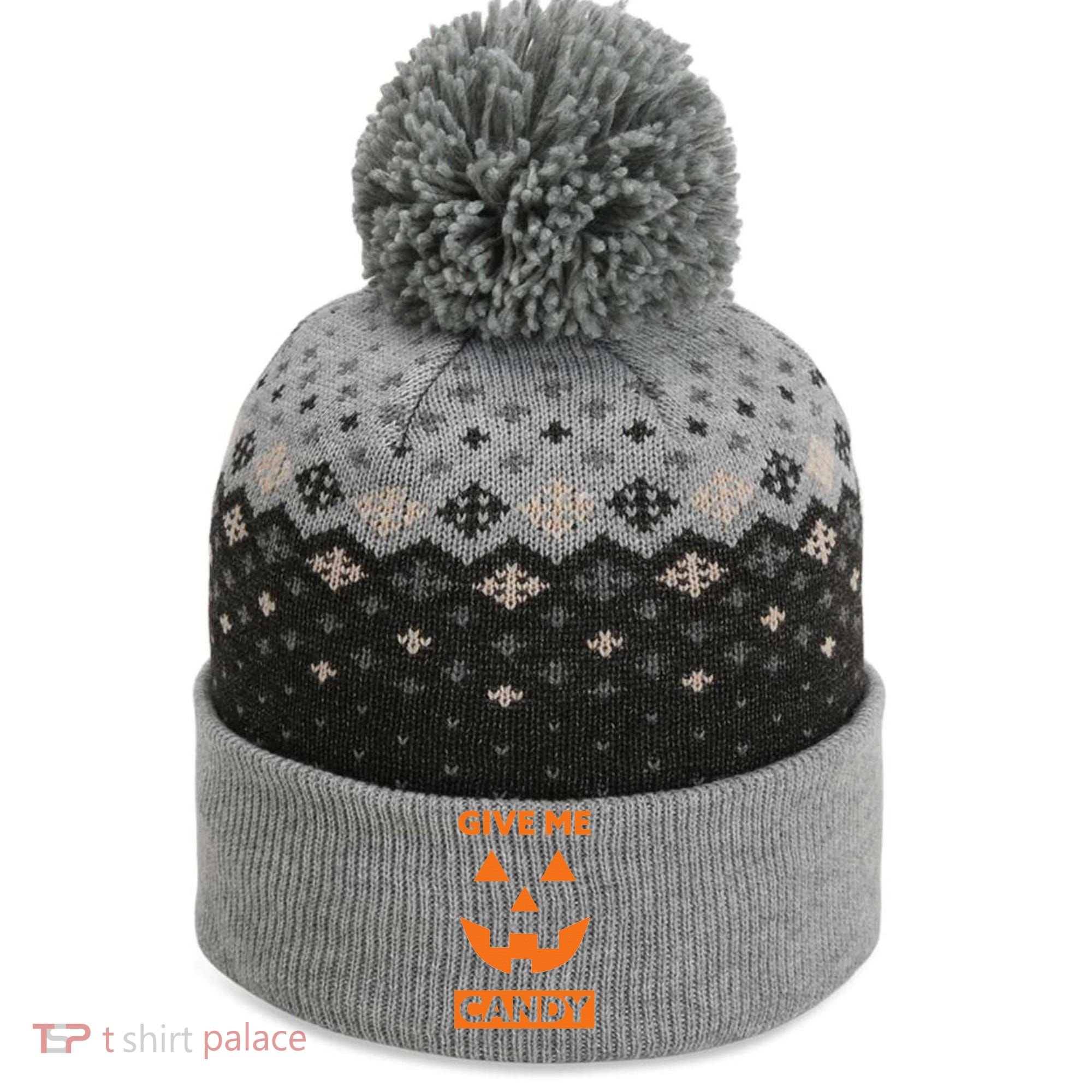 Give Me Candy Jack O Lantern Pumpkin Halloween The Baniff Cuffed Pom Beanie