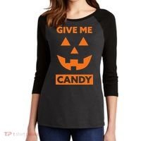 Give Me Candy Jack O Lantern Pumpkin Halloween Women's Tri-Blend 3/4-Sleeve Raglan Shirt thumb 2