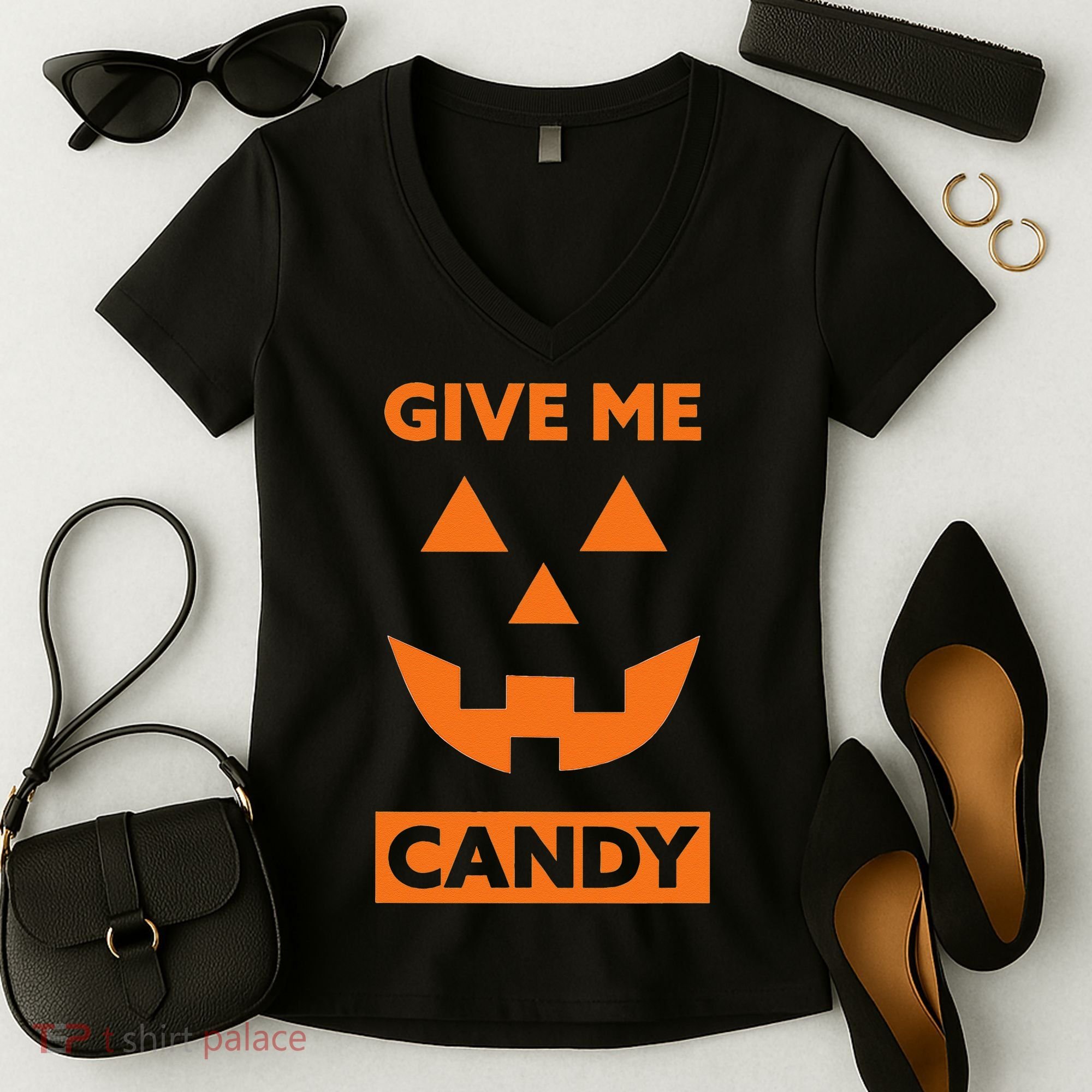Give Me Candy Jack O Lantern Pumpkin Halloween Women's V-Neck T-Shirt