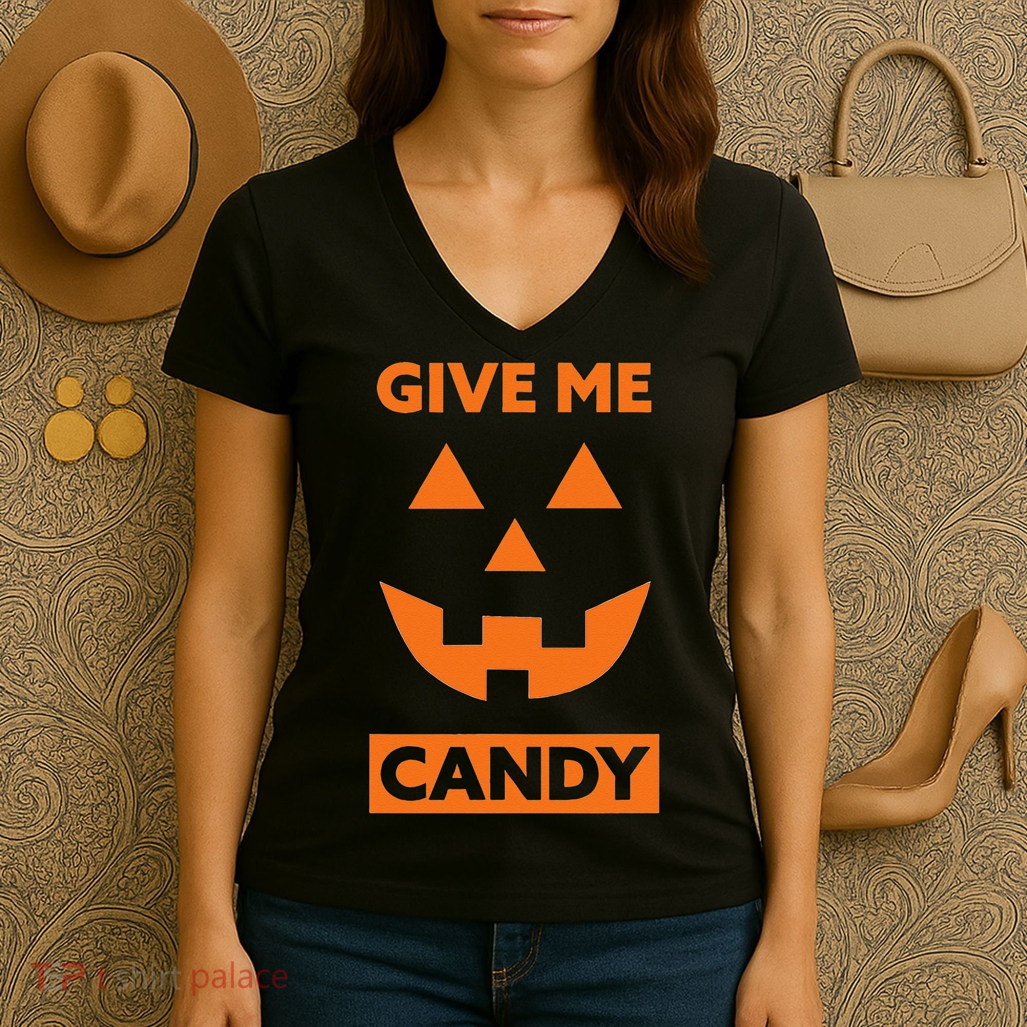Give Me Candy Jack O Lantern Pumpkin Halloween Women's V-Neck T-Shirt