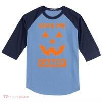 Give Me Candy Jack O Lantern Pumpkin Halloween Raglan Baseball Sleeve Shirt thumb 0