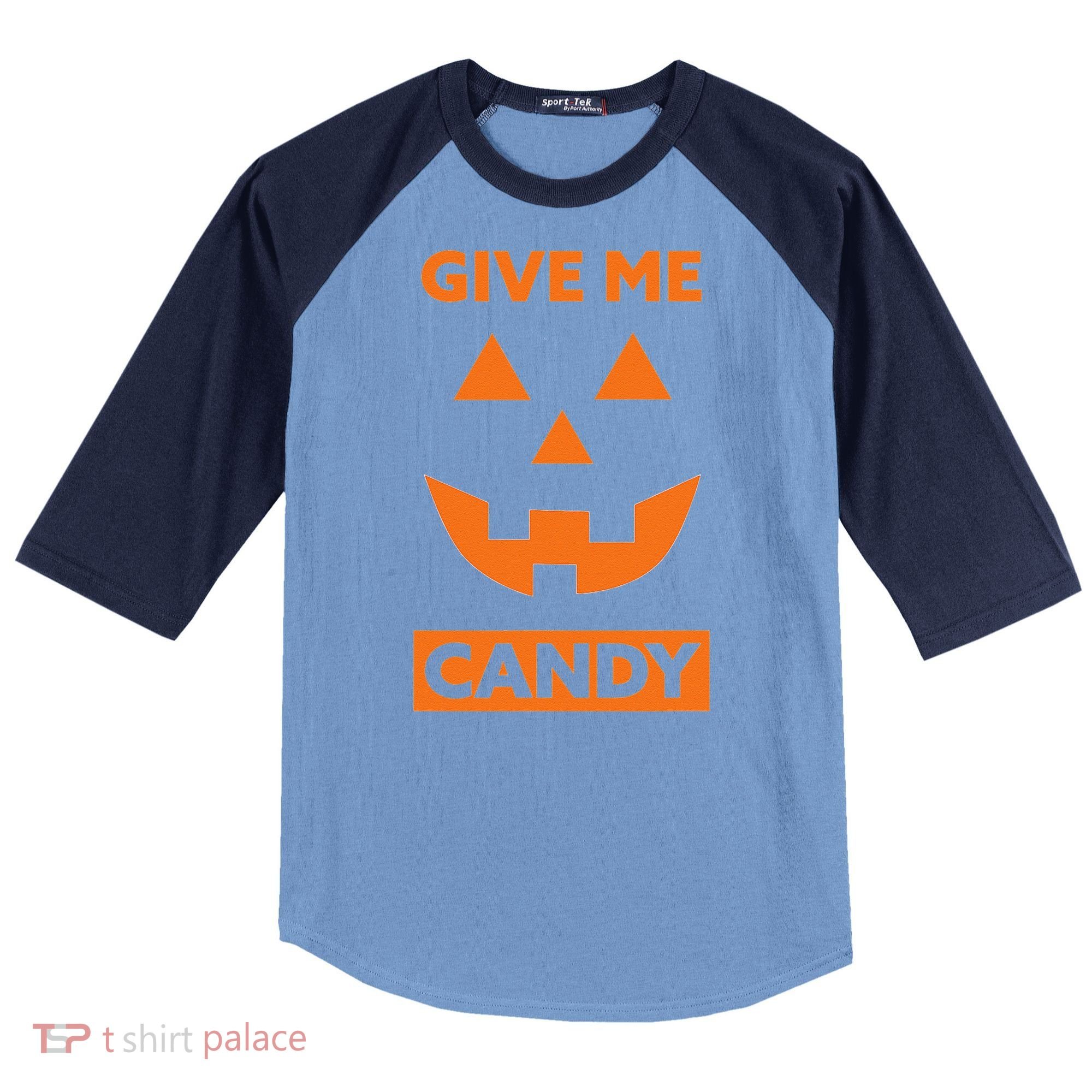 Give Me Candy Jack O Lantern Pumpkin Halloween Raglan Baseball Sleeve Shirt