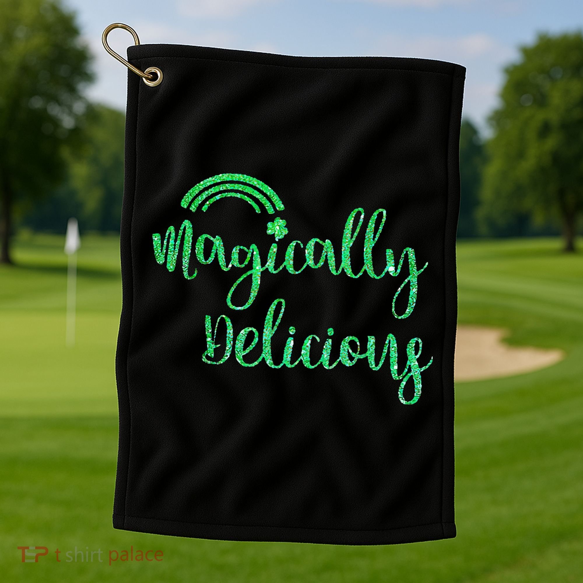 Glitter Magically Delicious Rainbow Shamrock St Patrick's Golf Towel