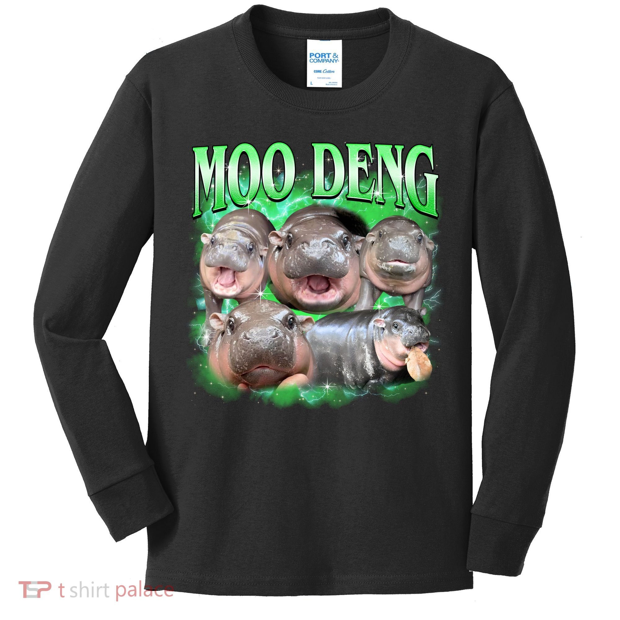 Green Moo Deng Meme Hippo Kids Long Sleeve Shirt