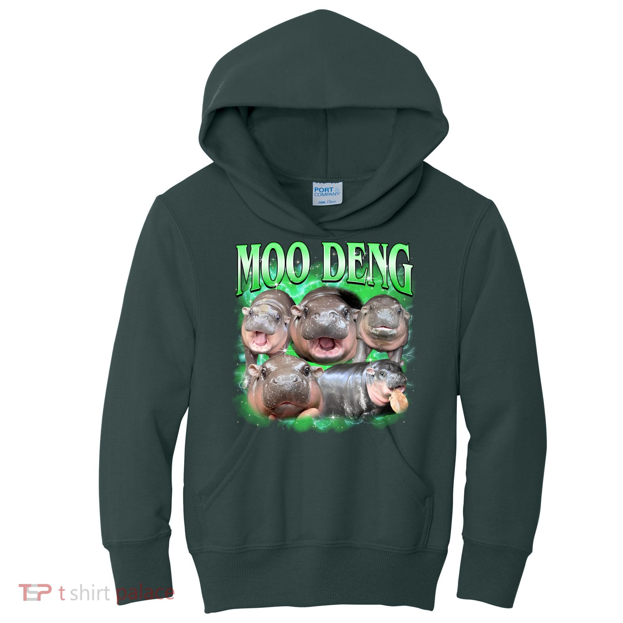 Green Moo Deng Meme Hippo Kids Hoodie