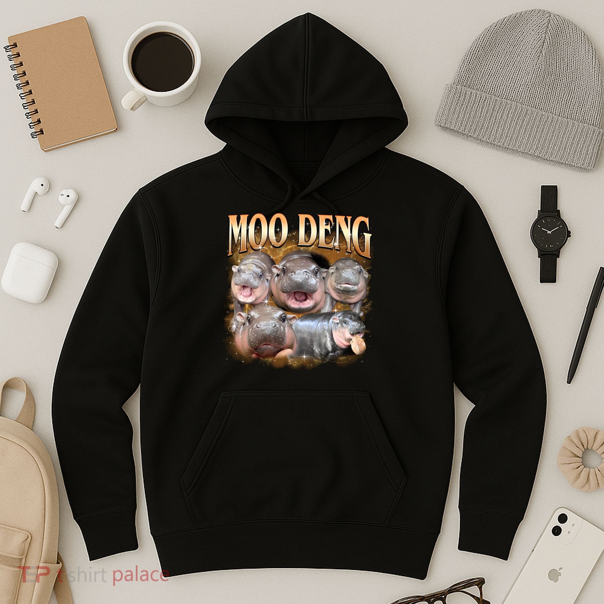 Gold Moo Deng Meme Hippo Funny Hoodie
