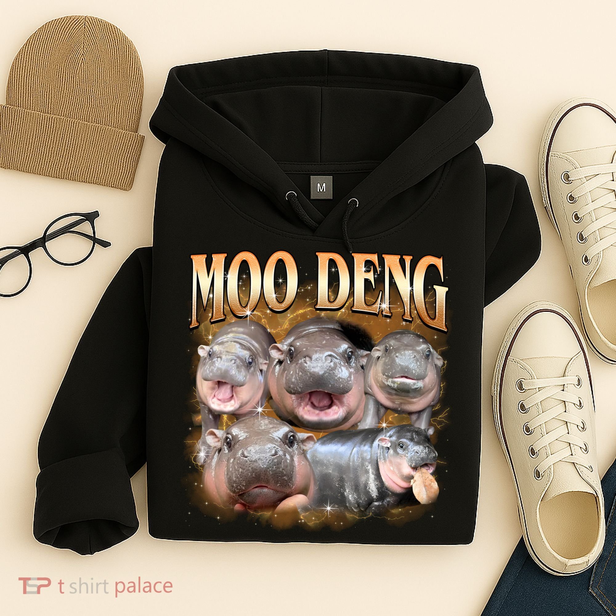 Gold Moo Deng Meme Hippo Funny Hoodie