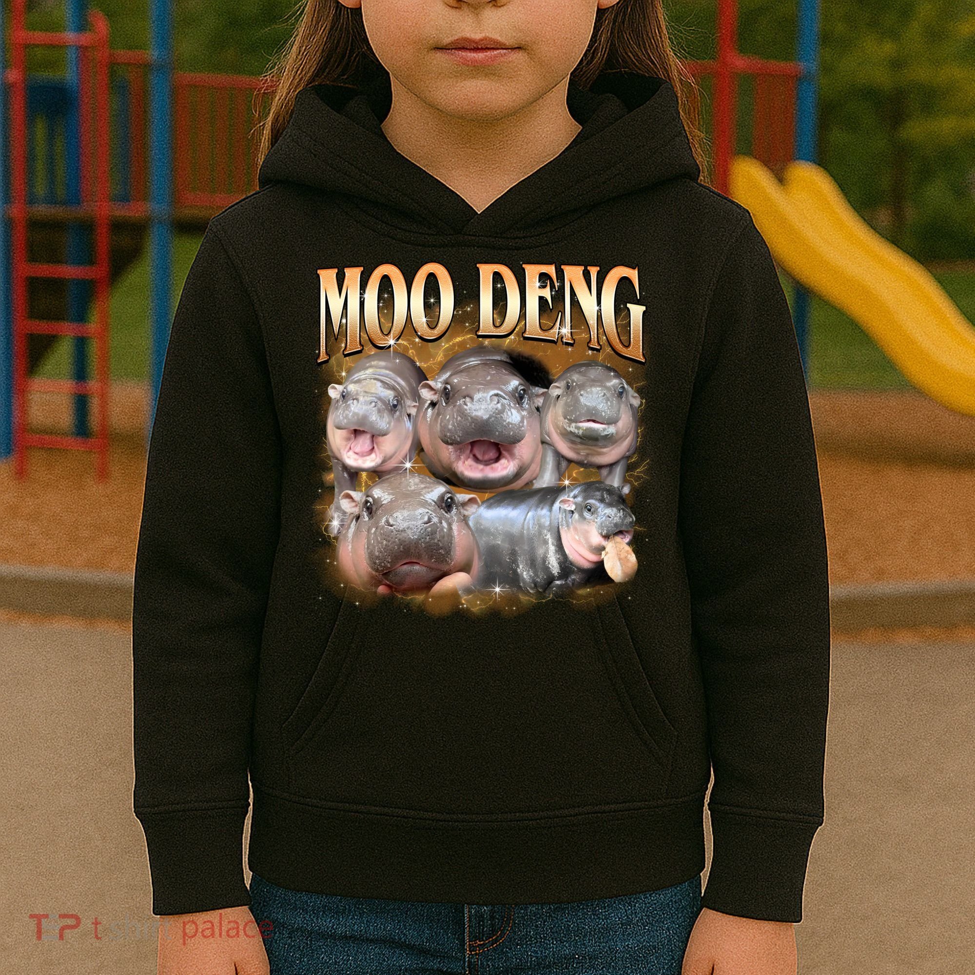 Gold Moo Deng Meme Hippo Funny Kids Hoodie