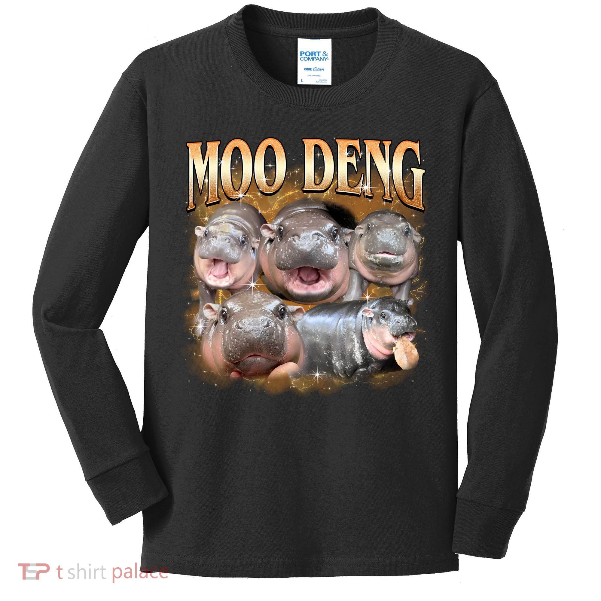 Gold Moo Deng Meme Hippo Funny Kids Long Sleeve Shirt