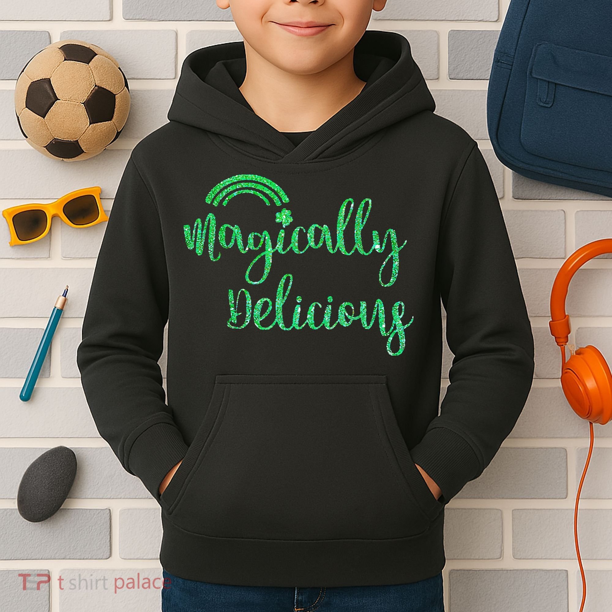 Glitter Magically Delicious Rainbow Shamrock St Patrick's Kids Hoodie