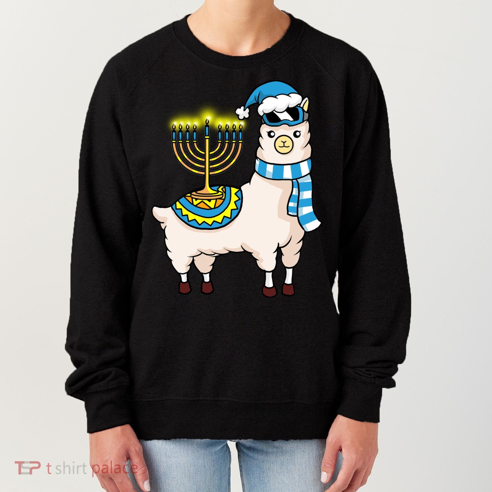 Glowing Menorah Hanukkah Llama Cute Alpaca Chanukah Women's Sweatshirt