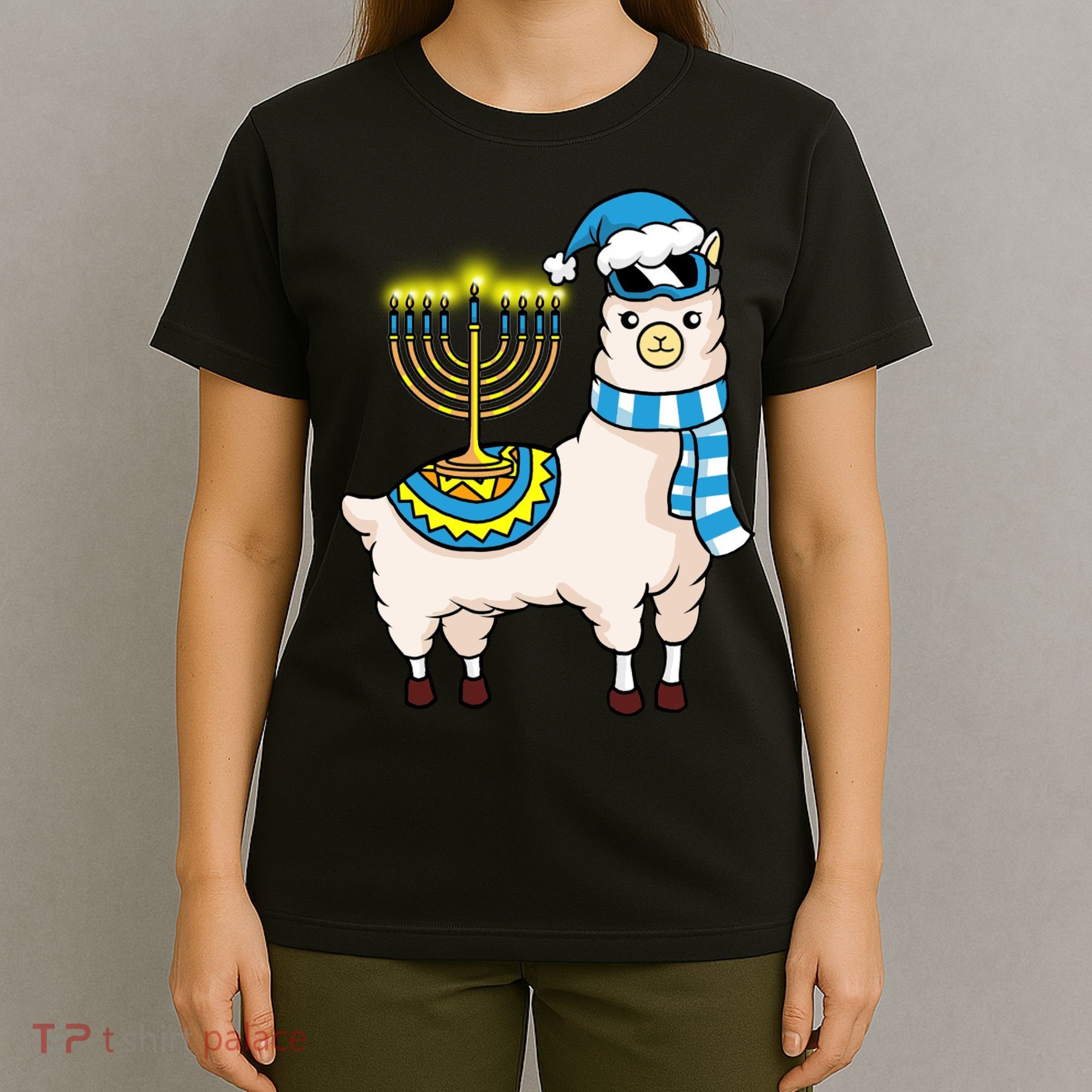 Glowing Menorah Hanukkah Llama Cute Alpaca Chanukah T-Shirt