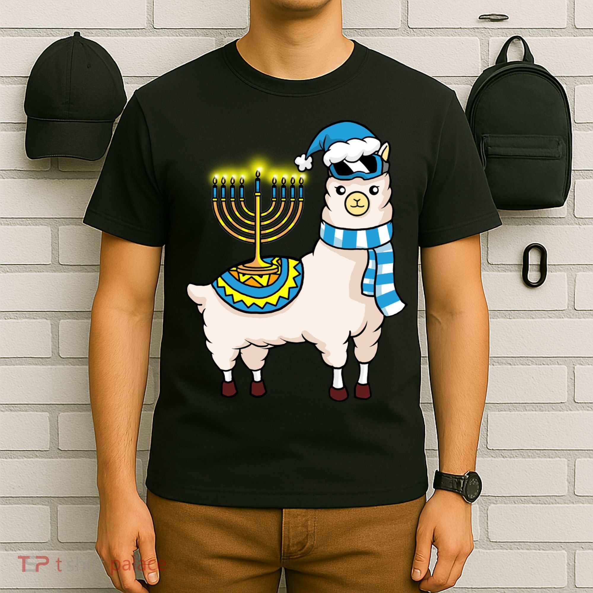 Glowing Menorah Hanukkah Llama Cute Alpaca Chanukah T-Shirt