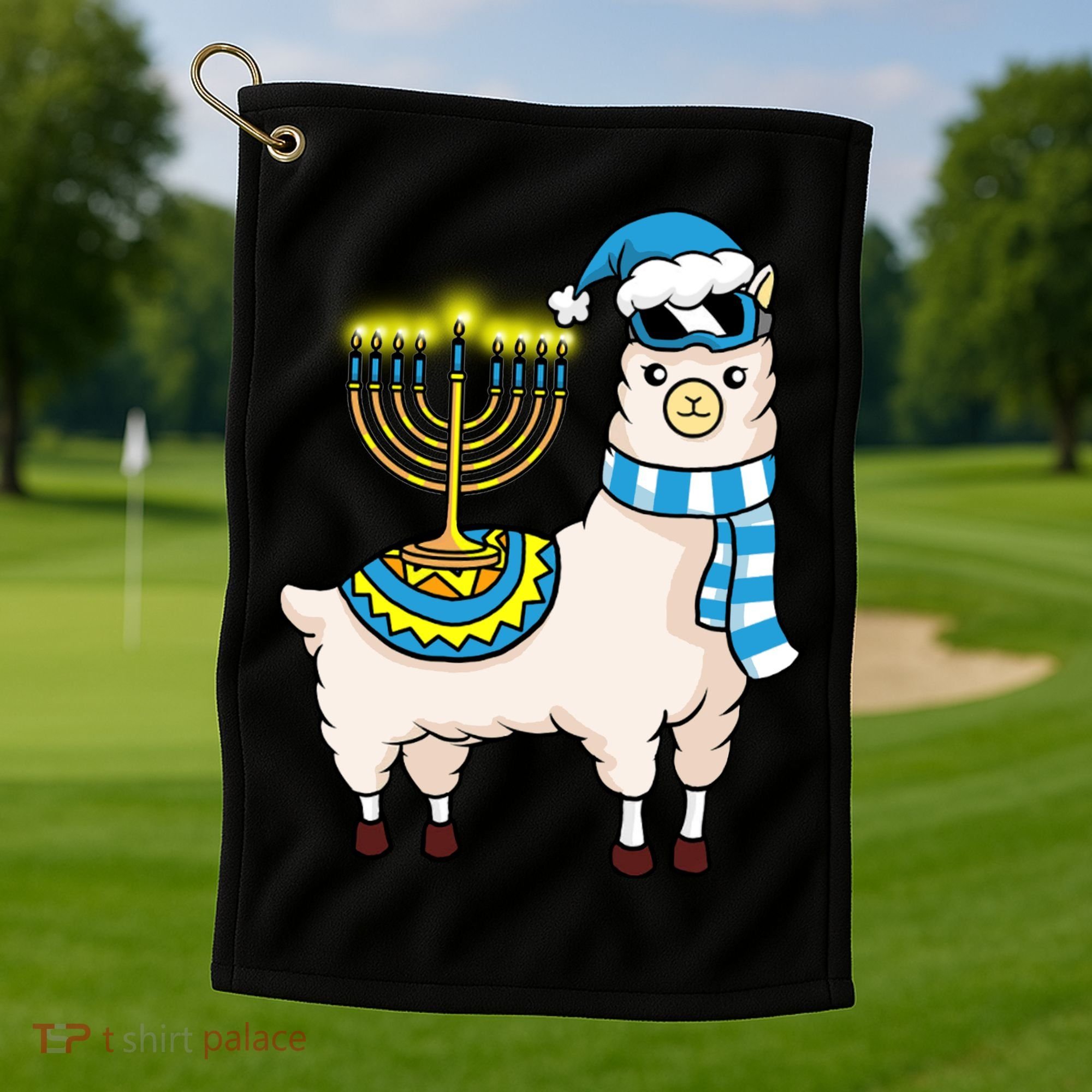 Glowing Menorah Hanukkah Llama Cute Alpaca Chanukah Golf Towel