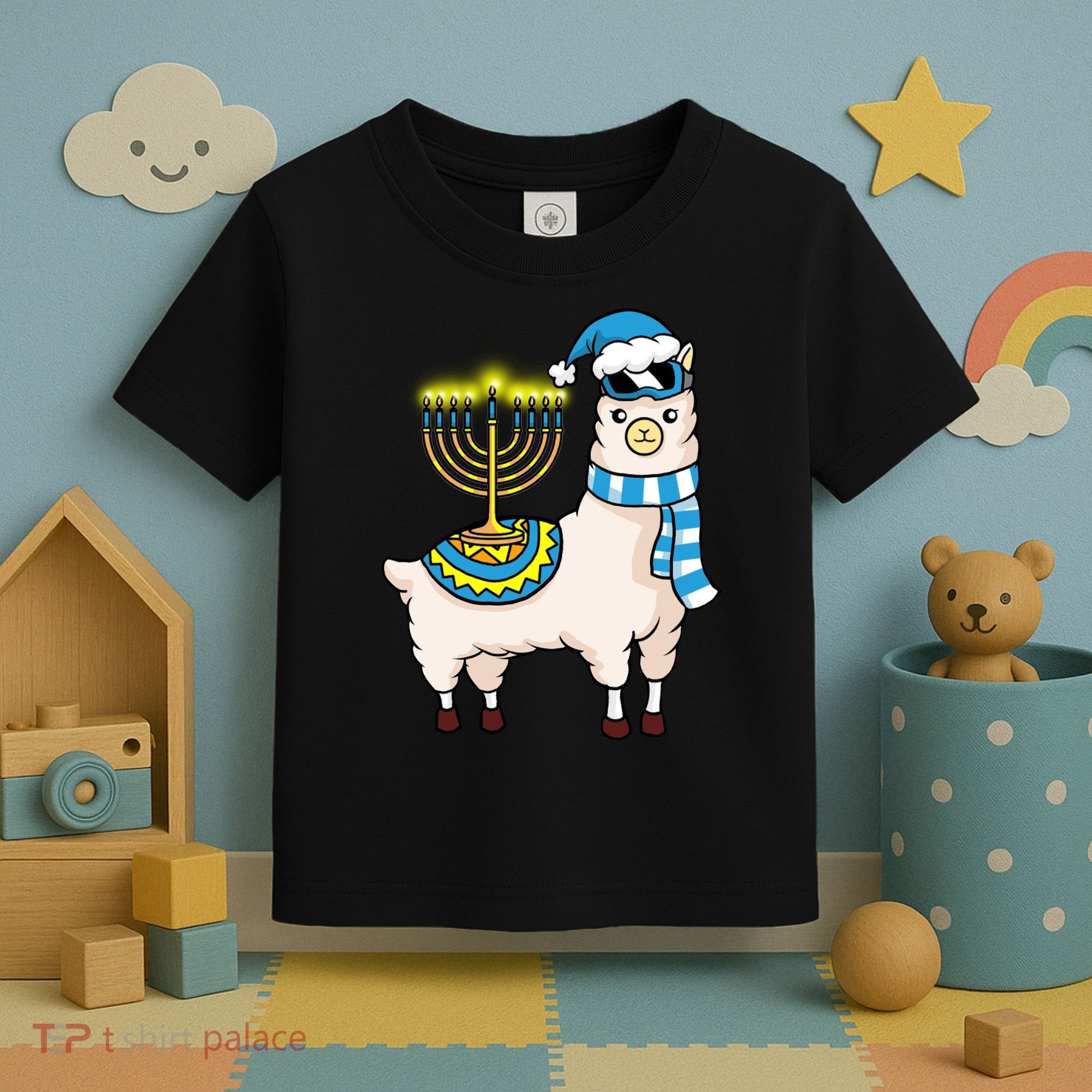 Glowing Menorah Hanukkah Llama Cute Alpaca Chanukah Toddler T-Shirt