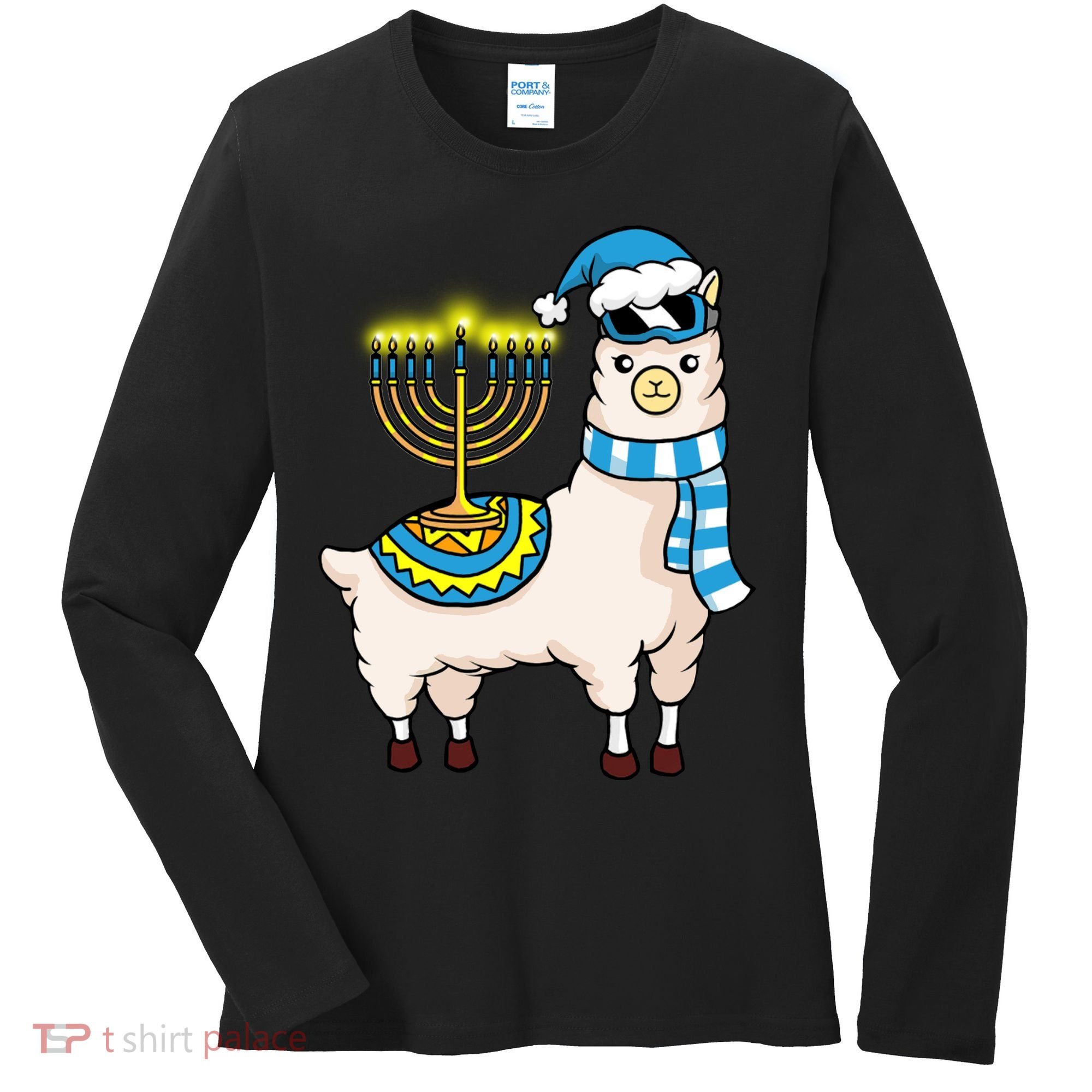 Glowing Menorah Hanukkah Llama Cute Alpaca Chanukah Women's Long Sleeve Shirt