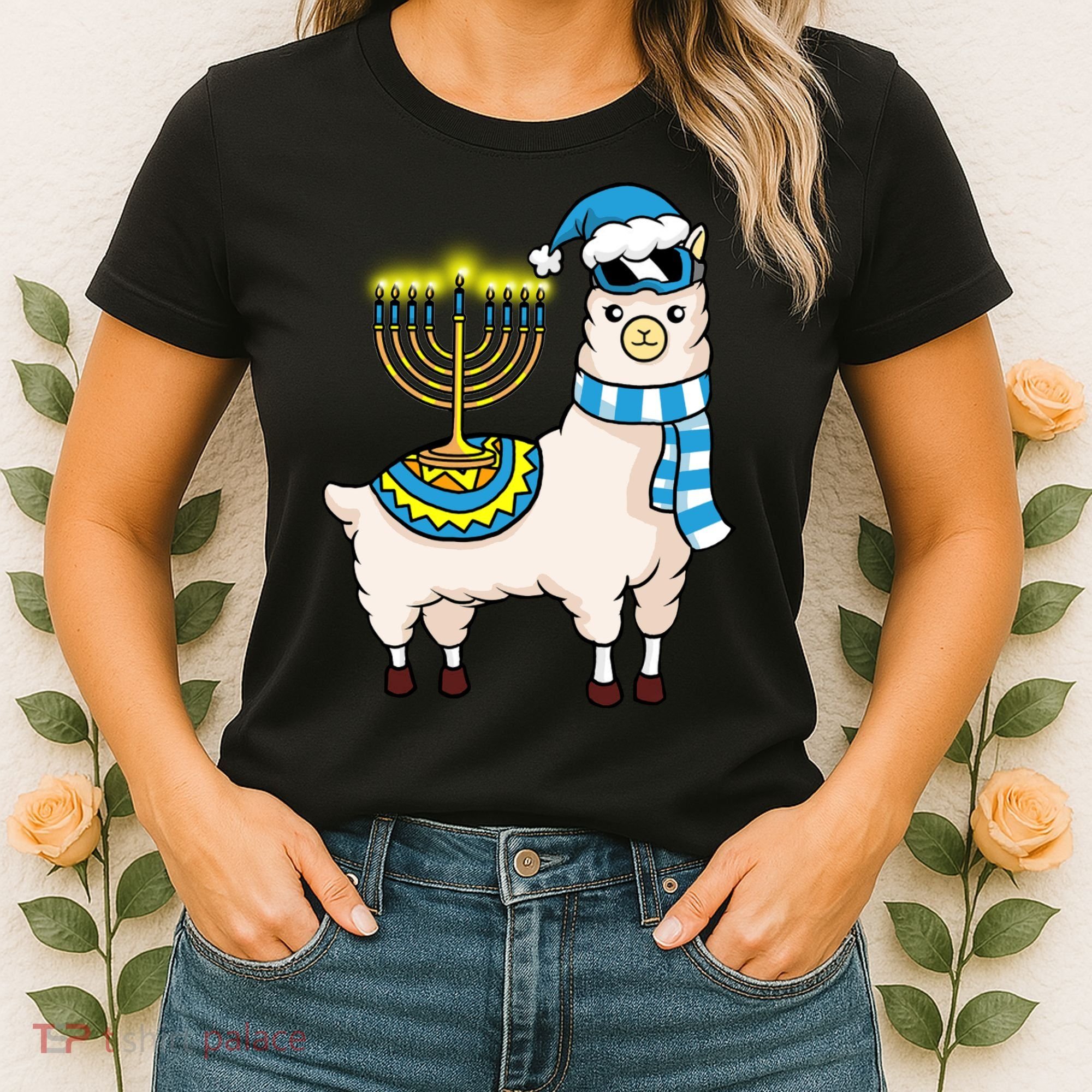 Glowing Menorah Hanukkah Llama Cute Alpaca Chanukah Women's T-Shirt