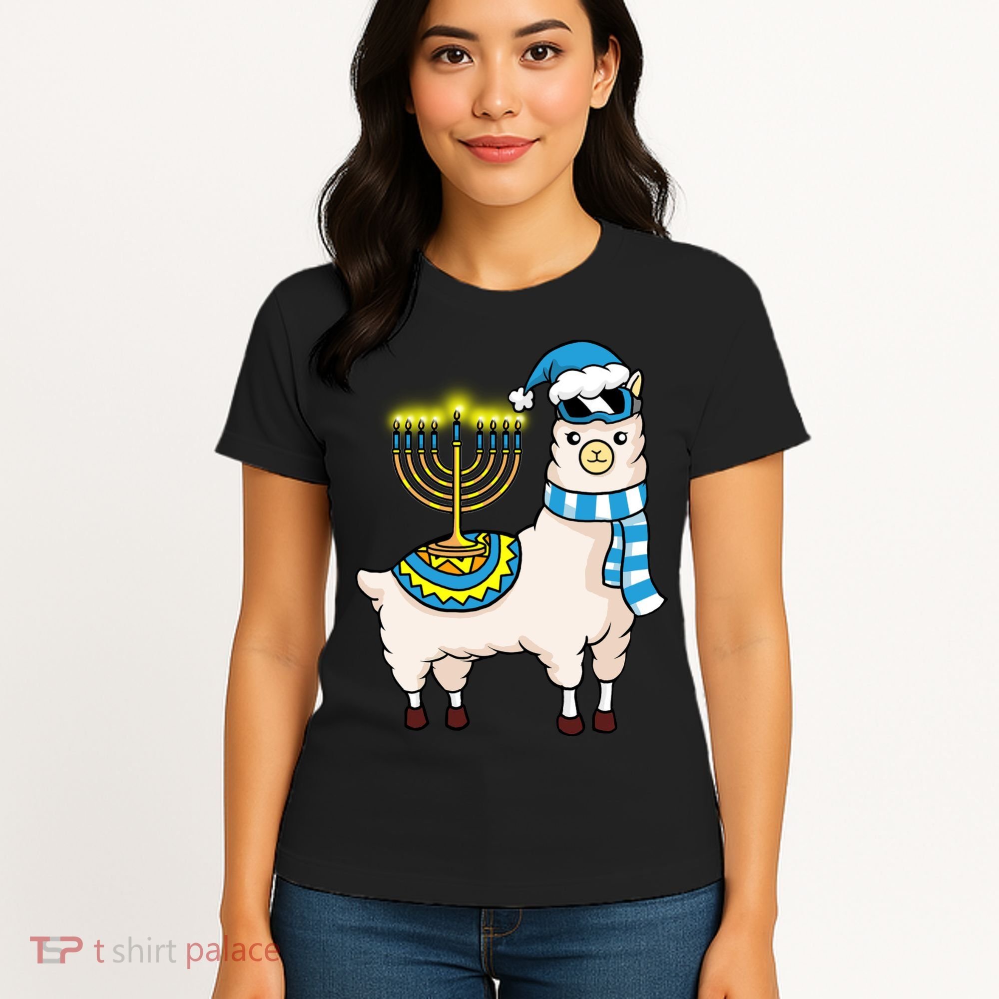 Glowing Menorah Hanukkah Llama Cute Alpaca Chanukah Women's T-Shirt