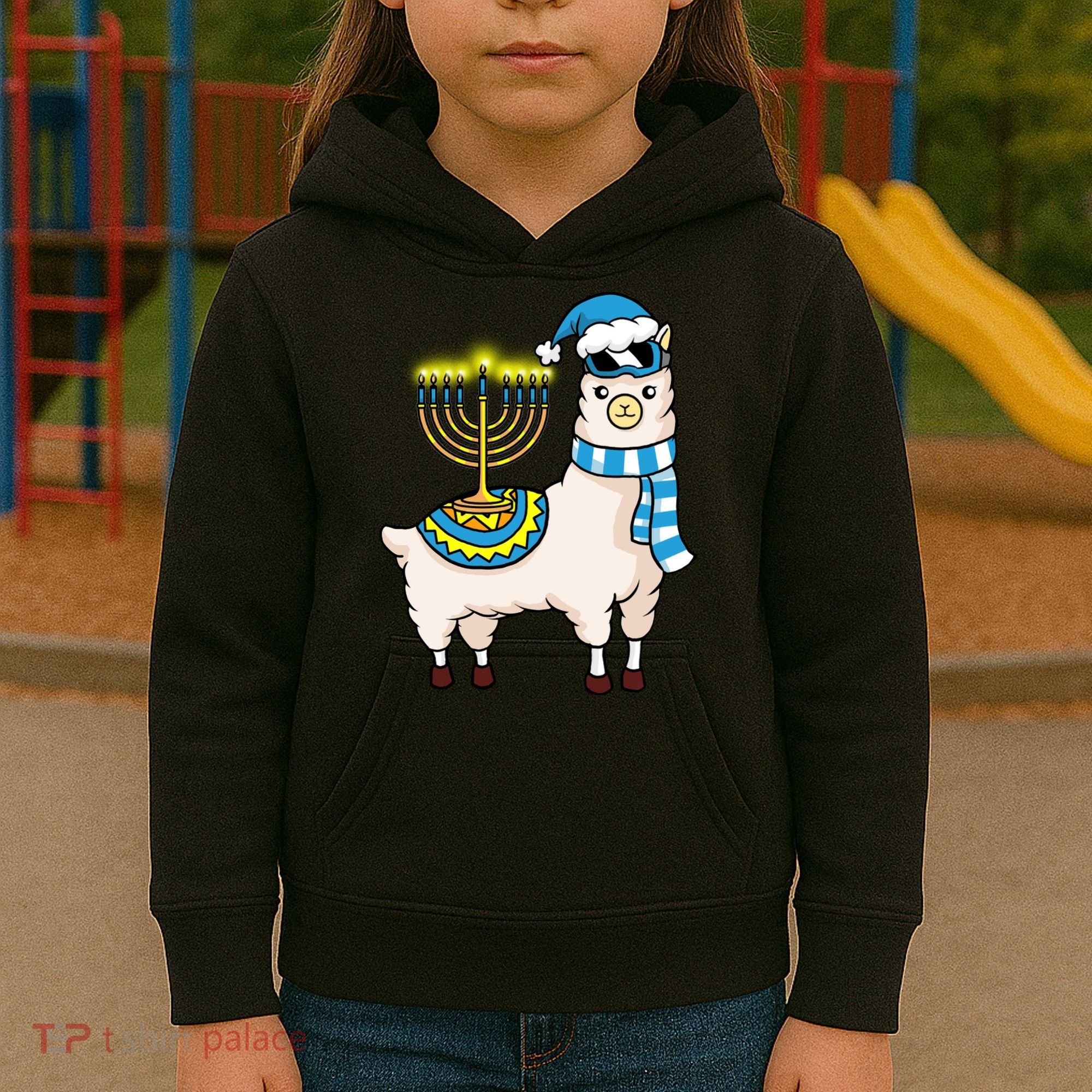 Glowing Menorah Hanukkah Llama Cute Alpaca Chanukah Kids Hoodie